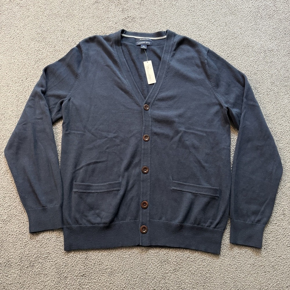 NWT Lands' End 100% Supima Cotton Button Cardigan Navy Blue V Neck Men's M 38-40